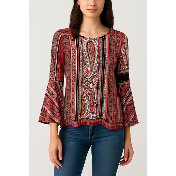 CHICO’S | Red Paisley Boho Bell Sleeve Blouse Knit | Size 2 Large - Picture 2 of 8